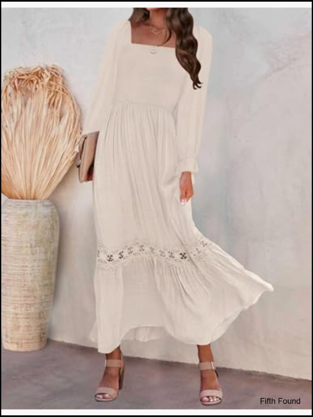 Boho Square Neck Smocked High Waist Maxi Dress Long Sleeve Lace Trim - Picture 3 of 7